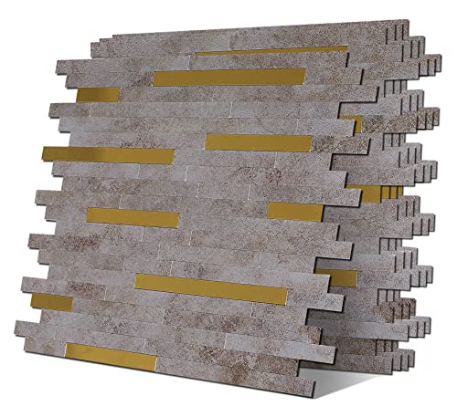 Ymmxge Peel And Stick Backsplash Tile，Diy Marble Stone Metal ，Pvc Mixed Aluminum Mosaic Tiles For Kitchen Bathroom, 11.88"X11.81"X0.15", 4.87 Sq.ft (5, Gold+Light Gold Silver) #TOP16