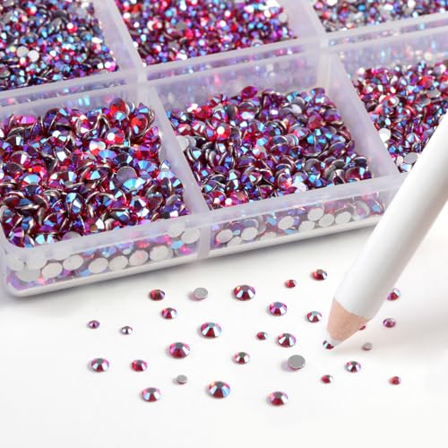 Image of Beadsland Flatback Rhinestones, Light Siam AB, 7200pcs Mixed 6 Sizes | Glass Nail Gems, Round Crystal, With Wax Pencil Kit, SS3-SS10, Light Red AB