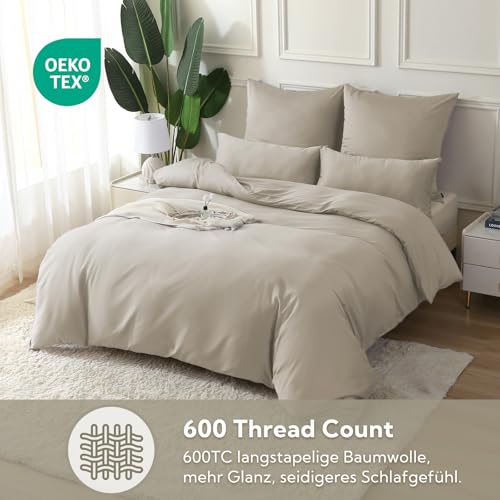 SOULFUL Satin Bettwäsche 135x200 Baumwolle Kühlend, Oeko-Tex, Oatmeal – Ansicht 3