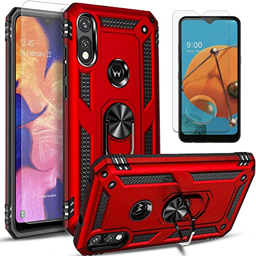 STARSHOP Moto E Phone Case, Motorola Moto E 2020 Phone Case, [NOT FIT E2/E4/E5] with [Tempered Glass Protector Included] Metal Ring Stand Shockproof Drop Protection Phone Cover- Scarlet