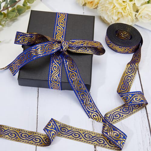 GORGECRAFT 7 Meters Double Side Jacquard Ribbon 2cm Wide Boho Vintage Metally Embroideried Lace Trim Ethnic Woven Edge Fringe Fabric Flat Trim for Sewing Clothing Curtain Gift Wrapping Applique Blue - Image 4
