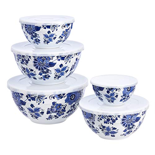 Amazon Basics Nesting Melamine Mixing Round Bowl with Lid and Non-Slip Base, 5 Sizes, Blue and White Floral, Set of 10, 4 quarts, 3 15/16″,7 9/16″,8 7/8″,10″,11 1/4″