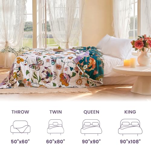 Image of MSGKV Boho Throw Blanket 90 inchx108 inch 100% Cotton Floral Blanket for Bed