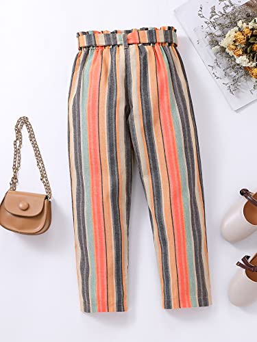 Wdirara Toddler Girl's Striped Tie Front Paperbag Elastic Waist Cute Belted Pants Multicolor 7Y #TOP1