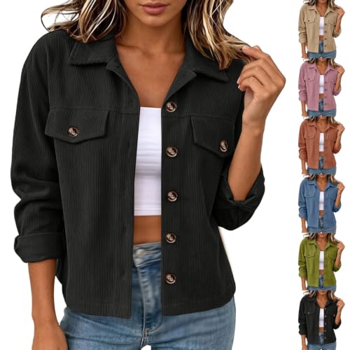 GOSEAGOTOFUN Corduroy Jacket Women Fashion Casual Cropped Jacket Button Down Long Sleeve Coats Lightweight Fall Outerwear 01-Black Small - image 1