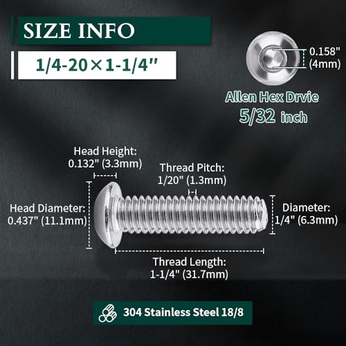 Image of 1 /4-20 x 1-1 /4 inch Button Head Socket Cap Bolts Screws, 304 Stainless Steel 18-8, Allen Hex Drive, Bright Finish, Fully Machine Thread, Pack of 50