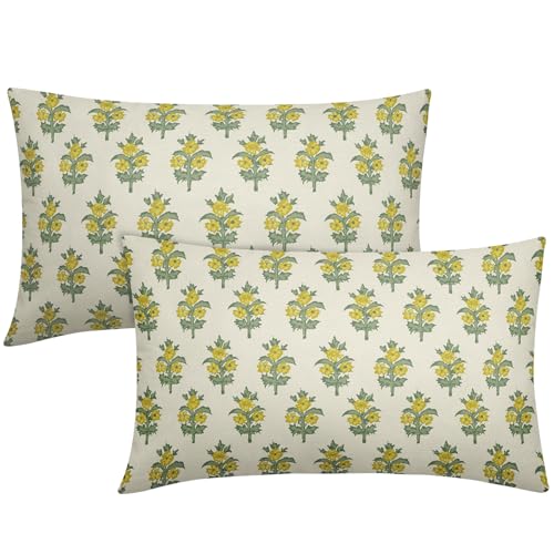 sorfbliss Sage Green Yellow Floral Lumbar Pillow Covers 12x20 Set of 2 Spring Flower Leaves Print Rectangle Decorative Throw Pillow Cases Outdoor Farmhouse Decoration for Sofa Couch Bed