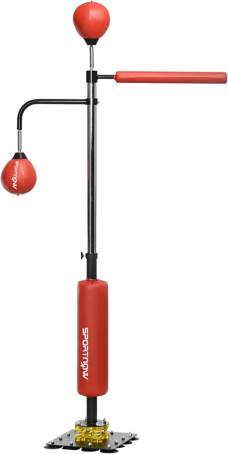 Kaimei Adjustable Boxing Bag Stand with Speed Bag & Reflex Bar, Heavy Duty Punching Bag with Suction Cups for Boxing Training, 4'7"-6'8" Height, Black & Red