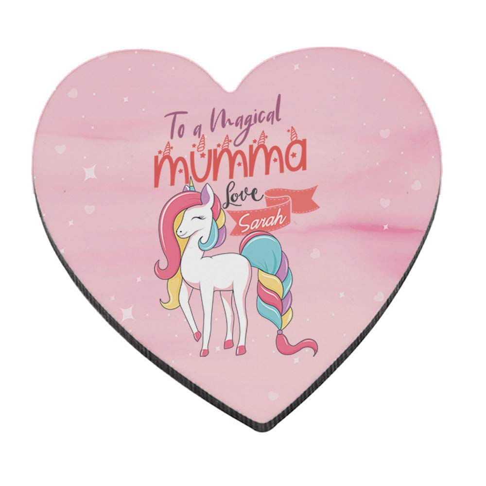 Personalised with Any Name Unicorn Themed to A Magical Mumma Gift for Mother’s Day, Mum’s Birthday, Mom, Mummy, God Mother Tableware, Coffee/Tea/Drink Coaster. (Heart Shaped Coaster)