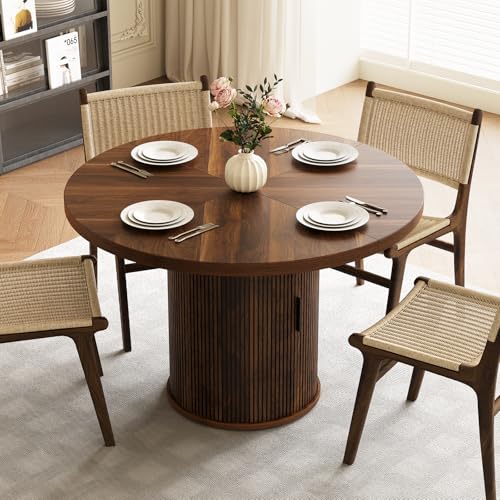 47 inch Round Dining Table for 4, Farmhouse Kitchen Table with 2-Layer Storage Shelf and Wood Slide Door Modern Dinner Table or Home Dining Room Living Room (Walnut)