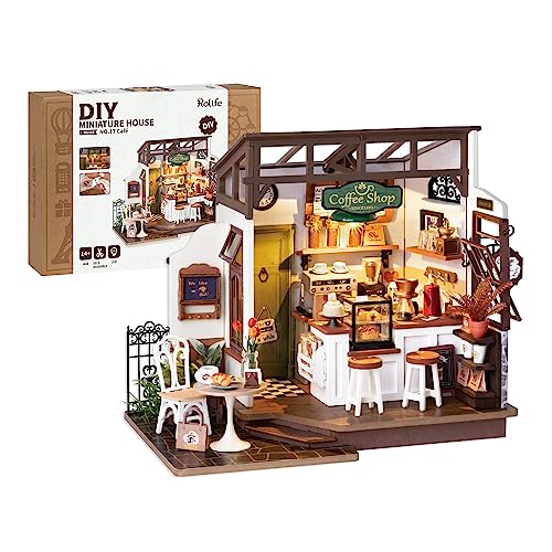 Rolife Coffee Shop Miniature House Kit-1:20 DIY Miniature Dollhouse Kit with LED Lights-Tiny House Crafts for Adults-Birthday Gifts Hobbies for Women and Men