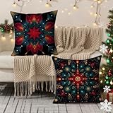 Funda Cojin 55x55 Rojo Cojines Exterior Lino Azul Fundas para Almohadas con Cremallera Oculta, Cojines Decorativos para Sofá Silla Patio Jardín Terraza Otoño, Regalos Mujeres, Juego de 2 1B-345