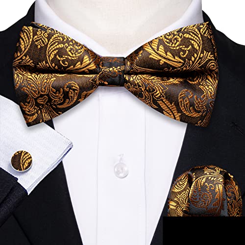 Image of Barry.Wang Paisley Striped Bow Tie for Men Silk Pre-Tied Bowtie Pocket Square Cufflinks Set Formal Wedding Party Prom
