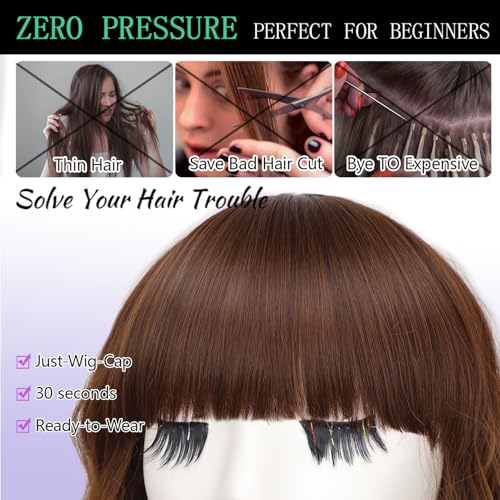 Image of AISI HAIR Synthetic Wavy Curly Bob Wig with Bangs Ash Auburn Short Wavy Hair for Women Synthetic Heat Resistant Bob Wigs