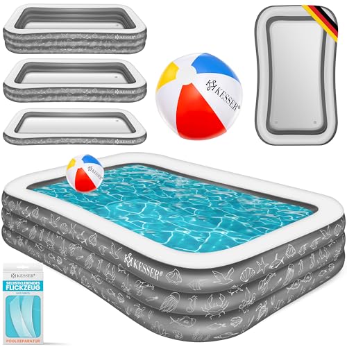 KESSER® Aufblasbarer Pool Familienpool für Kinder und Erwachsene Gartenschwimmbad Familienschwimmbad Sommer 240x142x56 cm Planschbecken 613 Liter Füllmenge Kinderfreundlich Inkl. Flickzeug & Ball