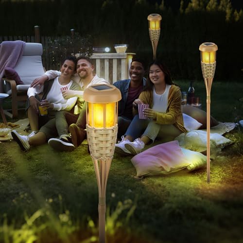 Evelynsun Flickering Flames Solar Powered Lights - Upgraded Solar Torches Waterproof Outdoor Decorative Lighting Auto On/Off, Handmade Bamboo Finish, 2-Pack