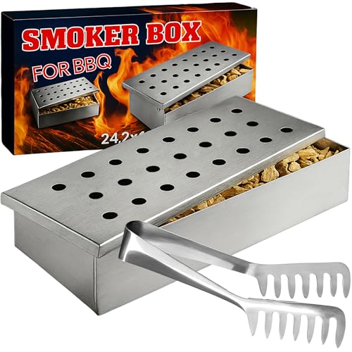 Räucherbox Set inkl. 1x Zange für Holzkohle-, Elektro- & Gasgrill – Smokerbox aus Edelstahl zum Grillen – Smokergrill-Flair für Fleisch, Fisch & Gemüse - 1 x Smoker Box