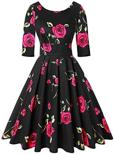MINTLIMIT Elegant Womens New 50s Summer Dress Rockabilly Rose 3/4 Sleeve Vintage Dress Retro Cocktail Dress Floral Rose Black and Red,Size L