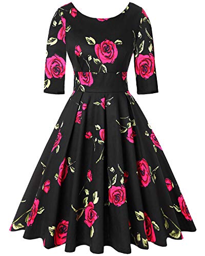 Mintlimit Elegant Womens New 50S Summer Dress Rockabilly Rose 3/4 Sleeve Vintage Dress Retro Cocktail Dress Floral Rose Black And Red,Size L #TOP28