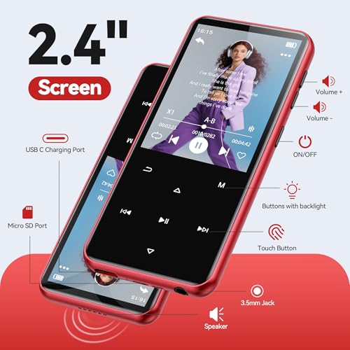 Image of AGPTEK 64GB MP3 Player with Bluetooth, M3 2.4'' Player with Speaker | with FM Radio, Touch Buttons, Supports Up to 128GB(Black Red)