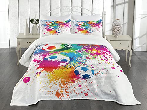 Ambesonne Soccer Bedspread For Bedroom And Guestroom Decor, Color Splashes All Over Soccer Ball Score World Cup Championship, Quilted 3 Piece Coverlet Set With 2 Pillow Shams, Queen Size, Blue Rainbow #TOP1