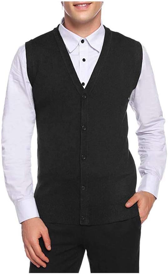 V3EMen's Front Open Buttoned Sleeveless Woollen Cardigan with Pockets (Black)