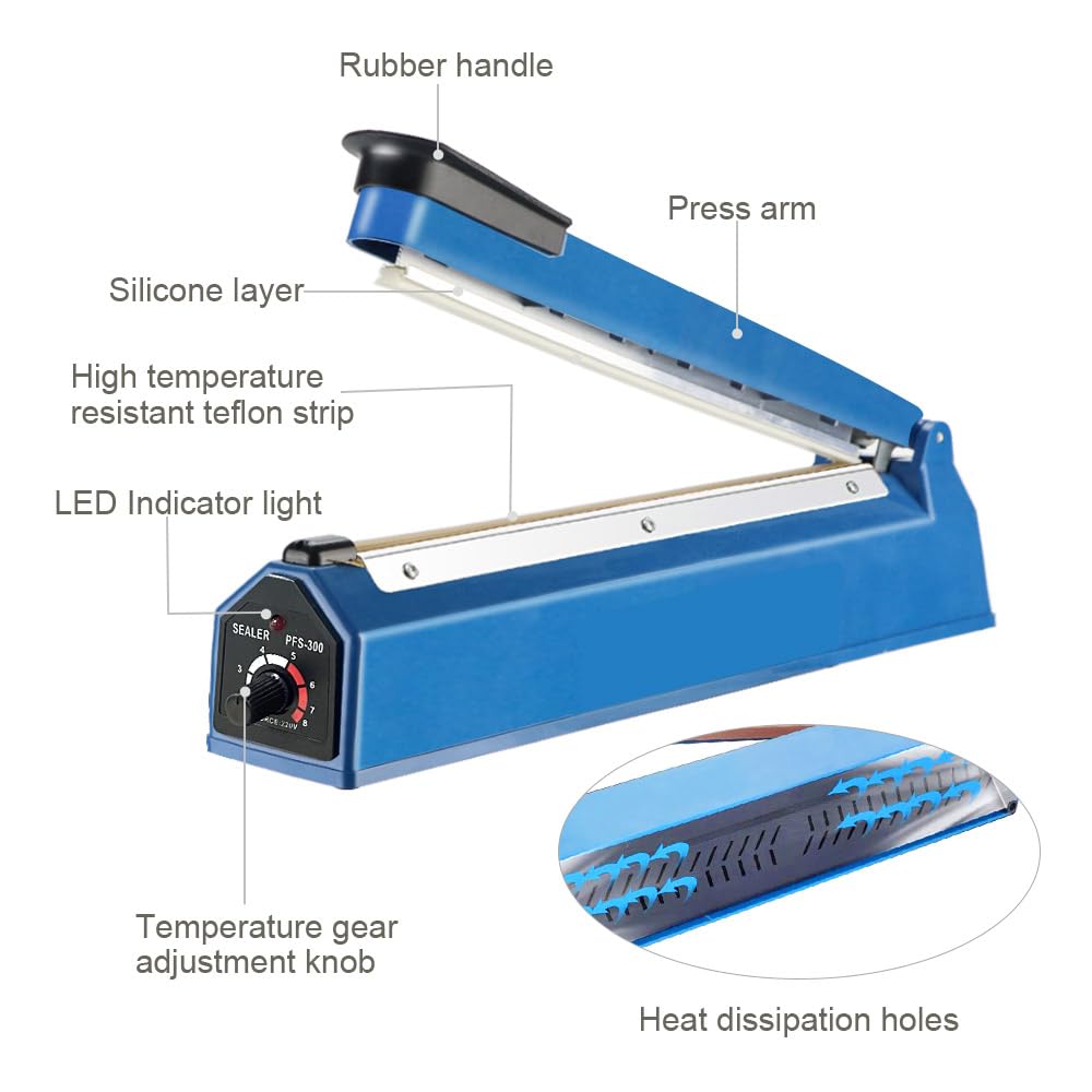 Heat Sealer Impulse Sealing Machine, Plastic Bag Sealer with 2 Spare Heating Wires and Teflon Strips, 300mm Seal Length 2mm Seal Width - Image 2
