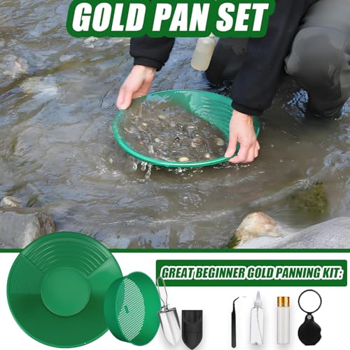 YUJUVI Goldwaschpfanne Set Kunststoff Goldpfanne für Goldwaschen Goldsucher 7 Stück mit Gold Wash Sieve Goldwannenbecken 38.5CM für Nugget Bergbau Wanne Manuelle Goldwaschanlage Ausgräbt (Green)