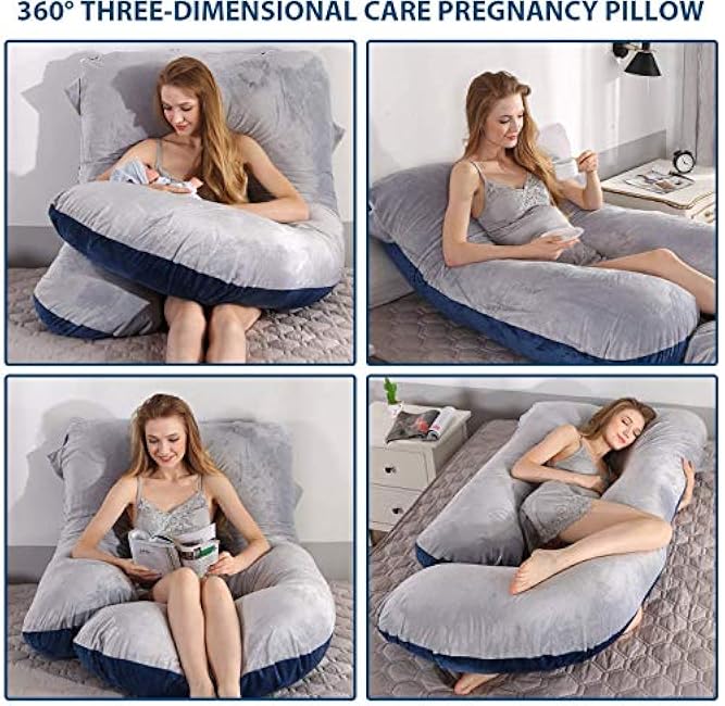 Elover Pregnancy Must Haves Pregnancy Pillow U-Shaped Full Body Maternity Support Pillow for Pregnant Women with Replaceable and Washable Velvet Cover Size 57 (Blue-Grey, Velvet)