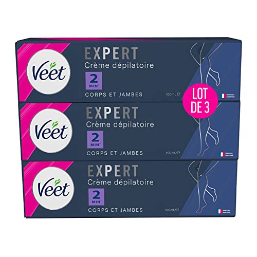 VEET Expert - Crema depilatoria para cabello rebelde, cuerpo y piernas, funciona en 2 minutos, 3 x 100 ml