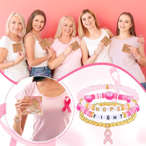 24 Pcs Breast Cancer Awareness Bracelets Bulk with Inspirational Cards Hope Fight Pink Ribbon Charm Breast Cancer Awareness Accessories Clay Beaded Stretch Bracelets Survivor Gifts for Women4