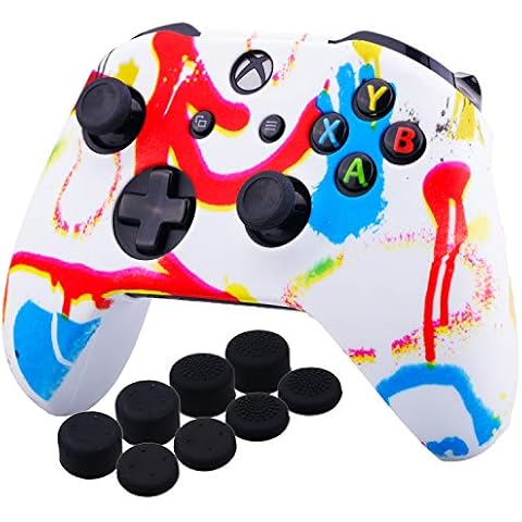 YoRHa Druck Gummi Silikon Hülle Skin Taschen für Xbox One S/X Controller x 1 (Bunte Farbe) Mit PRO Daumengriffe Aufsätze Joystick-Kappen Thumb Grip x 8 Cover