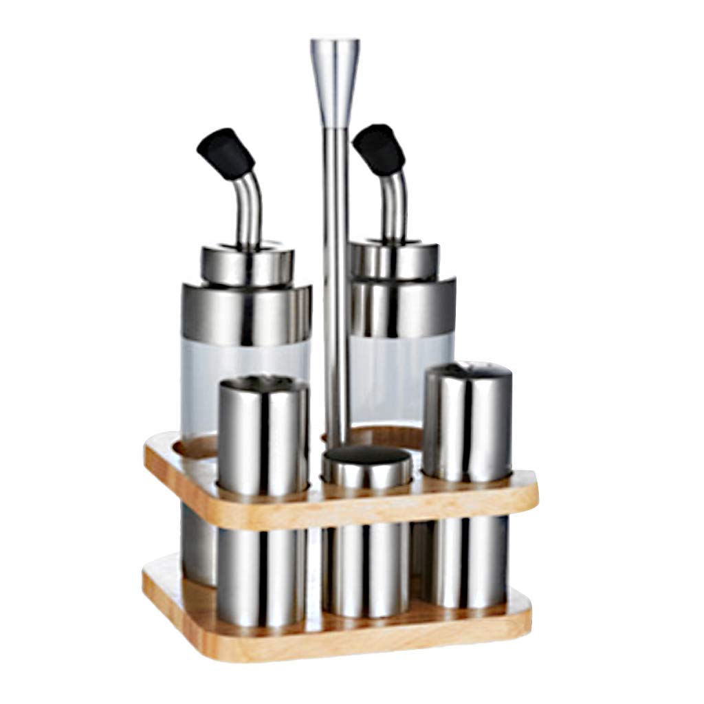 Aceitera de acero inoxidable + pimentero + dispensador de palillos de dientes con soporte de madera para cocina, hotel, restaurante