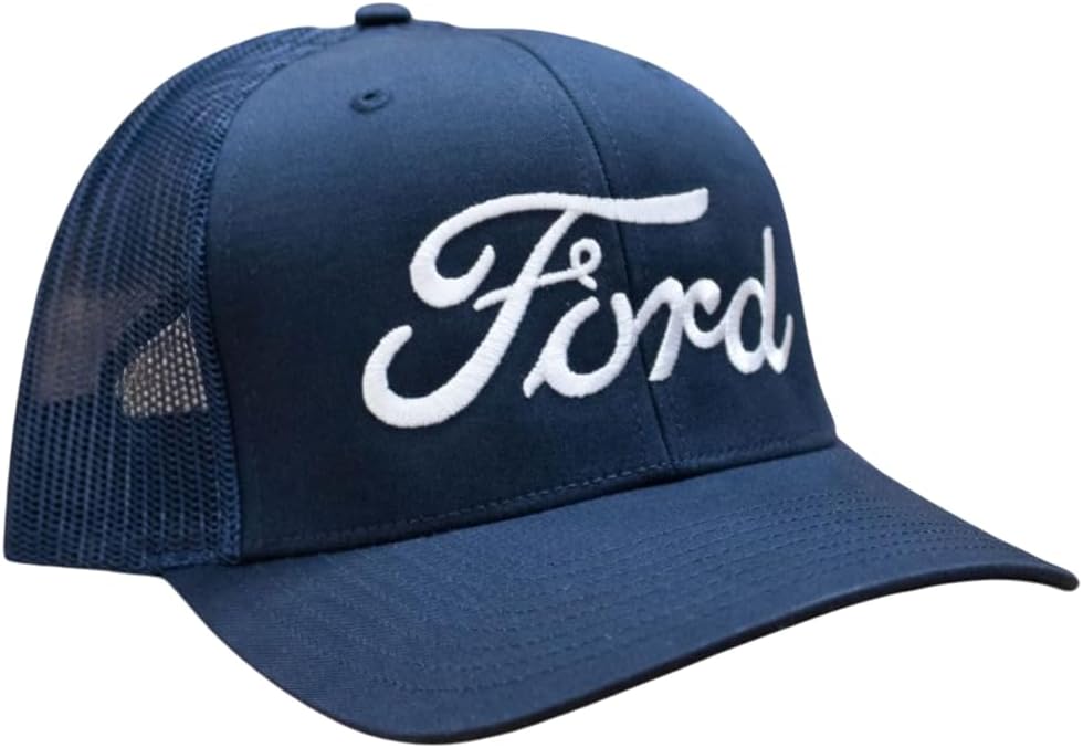 Ford Large Script Chino Twill Navy Blue Mesh Snapback Trucker Hat | Baseball Cap for Men | Officially Licensed Ford Motor Company Merchandise