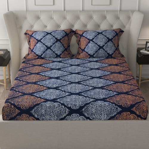 Image of Cloth Fusion Glace Cotton Elastic Fitted Bedsheet Queen Size for Double Bed with 2 Pillow Covers (78X60 inches, Midnight Paisley)