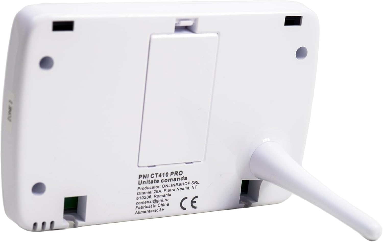 בְּחֲזָרָה view of the PNI CT410 PRO Central Unit with table stand attached, showing battery compartment and product information.