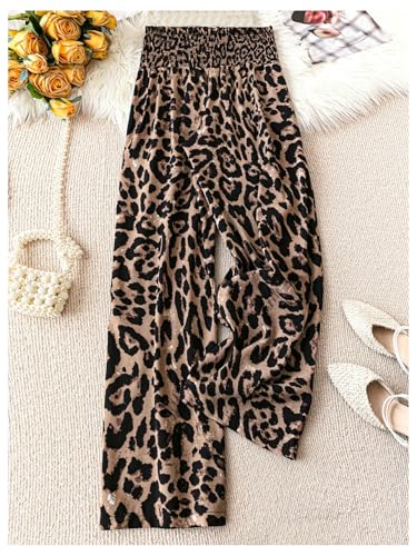 MakeMeChic Women's Plus Size Leopard Print Shirred Elastic Waist Wide Leg Pants Trousers2