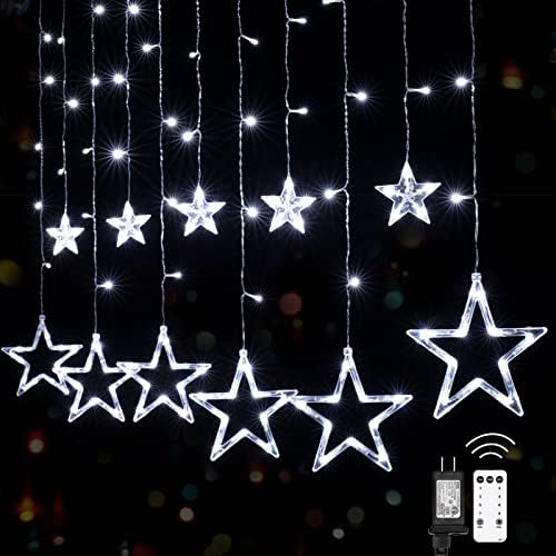 Star Curtain Lights for Bedroom - 12 Stars 138 LED Fairy Twinkle Lights with 8 Lighting Modes Connectable Window Lights Waterproof Ramadan Decoration (Star-White)