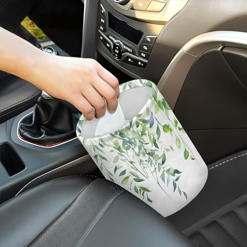Image of Green Leaf Patterns Car Trash Can Collapsible Portable Car Garbage Bin for Car Front Seat, Back Seat, Floor, Headrest Rubbish Bin Universal Fit