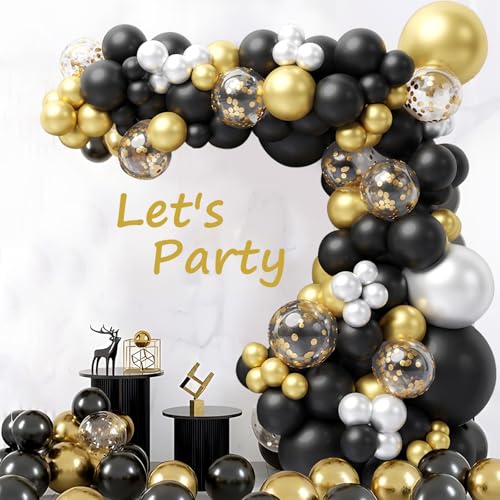 Kit de Arco de Globos Negro Dorado, 93pcs Kit Guirnalda Arco Globo Plateado Oro Negro, Guirnalda de Globos Negro Dorado Adecuado para Fiesta de Cumpleaños, Graduación, Año Nuevo, Jubilación, Boda