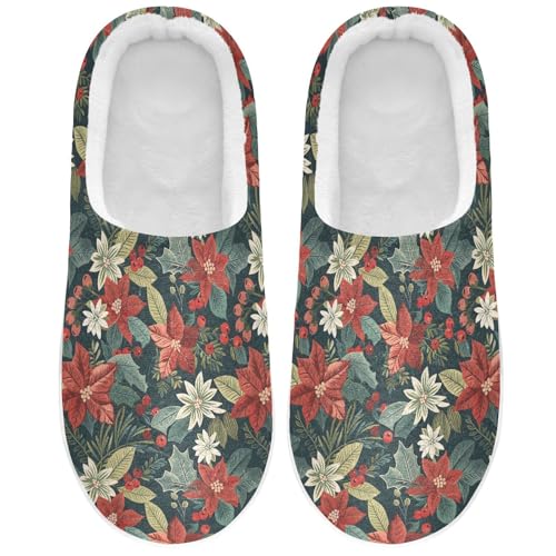 Fuzzy Memory Foam Slippers for Women/Men Christmas Poinsettia Mistletoe Hellebore Pattern Fluffy Winter House Shoes Indoor and Outdoor2