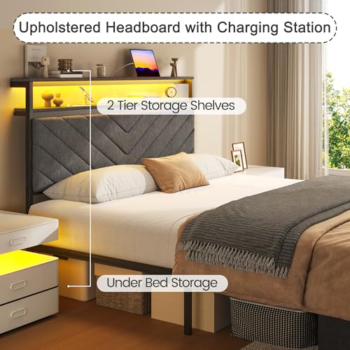 Image of Fluest Twin Bed Frame with Storage Drawers, Upholstered Headboard with Charging Station, LED Lights, Fabric Drawers with Wheels, Under Bed Storage, No Box Spring Needed, Easy Assembly, Grey