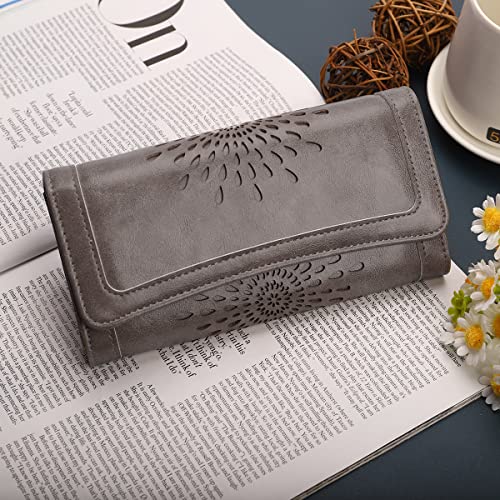 Aphison Womens Wallets Rfid Blocking Pu Leather Clutch Long Wallet For Women Card Holder Phone Organizer Ladies Travel Purse Hollow Out Sunflower Design Gift Box 2214 Dark-Gray #TOP5