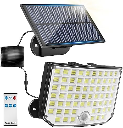 Solar Outdoor Lights, 256 LED Solar Powered Motion Sensor Security Lights with Remote Control 16.4Ft Cable IP65 Waterproof 3 Modes Flood Lights for Outside Porch Yard Garage, 1 Pack
