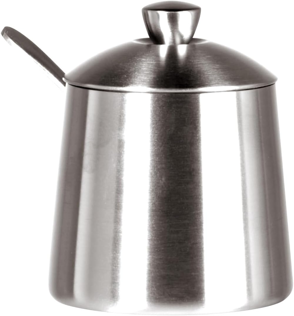 Frieling USA 18/10 Brushed Stainless Steel Sugar Bowl with Lid & Spoon - 10 oz Sugar Container & Dispenser with Pour Spout - Countertop Jar with Spoon Holder for Cubes, Packets & Condiments