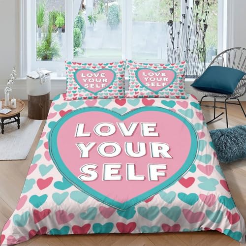XGASVBKWA Love Yourself Parure de Lit 3 pièces 3D Effet Microfibre résistante Heart Motif de Design Housse de Couette avec Fermeture Éclair Facile...
