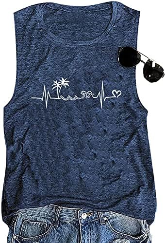 Beach Heartbeat Tank Tops for Women Summer Sleeveless Love Graphic Print T Shirt Boating Gifts Vacation Muscle Shirt Dark Blue