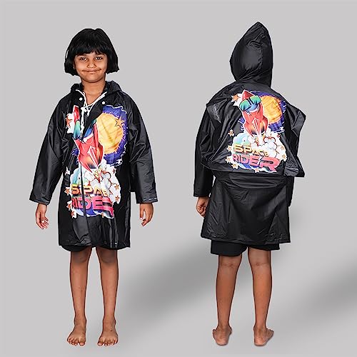 Image of THE CLOWNFISH Toon Caper Series Kids Waterproof PVC Longcoat with Adjustable Hood & Extra Space for Backpack /Schoolbag Holding. Printed Plastic Pouch. Kid Age-5-6 years (Jet Black)