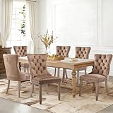 SoarFlash Velvet Dining Chairs Set of 6, Tall Back Side Chair, Modern Upholstered High-end Tufted Side Chair with Button Back Ring, Solid Wood Legs (Khaki)