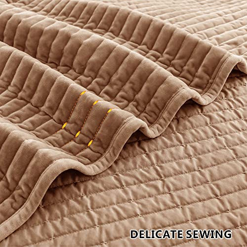 Shalala New York Velvet Quilt Queen Size,Striped Bedding Set,Lightweight Velvet Comforter,Luxurious Cozy Suede Bedspread Coverlet With Soft Brushed Microfiber Back (Caramel Gold,Full/Queen) #TOP4